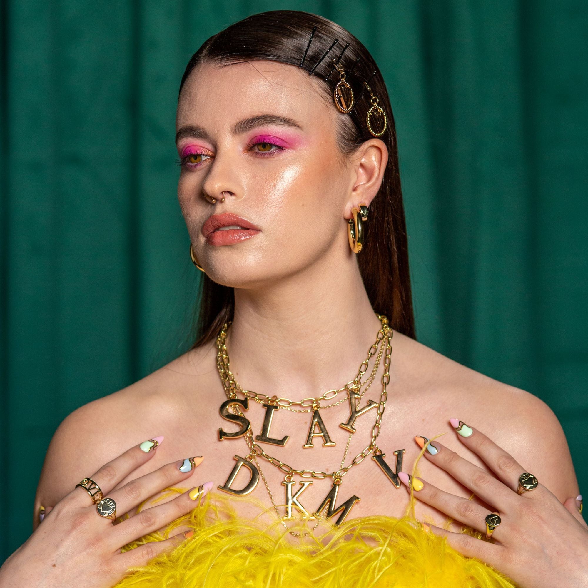 Model wearing A Lil Bit of Grá Gold Hoop Earrings and Don&